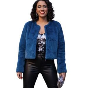 Carmin Jacket Womens Small Petite Blue Faux Fur Collarless Lined Party Evening
